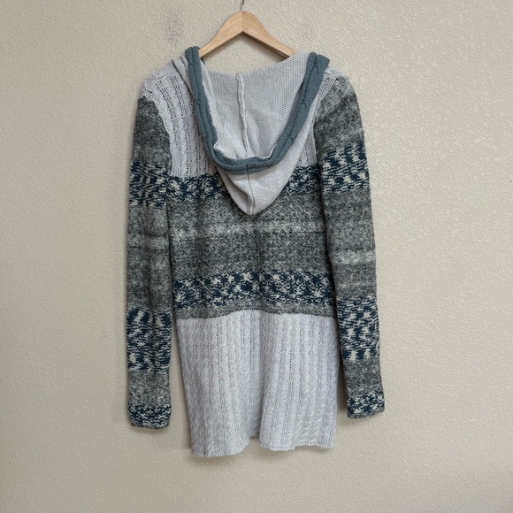 Free People We The Free Gray Blue Fair Isle Hooded Cardigan Sweater Coat Medium - Picture 2 of 8